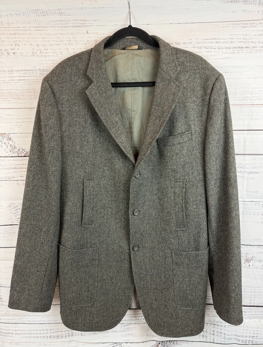 BANANA REPUBLIC gray herringbone tweed elbow patch 100% wool mens blazer 46L